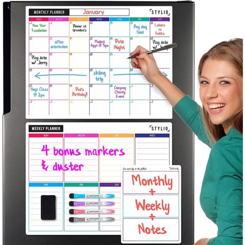 3Pcs Magnetic Planner for Fridge - Monthly, Weekly Calendar, Notepad + 4 Markers